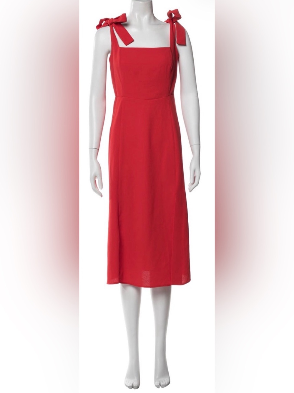 Sezane Red Tie-Shoulder Square-Neck Midi Dress